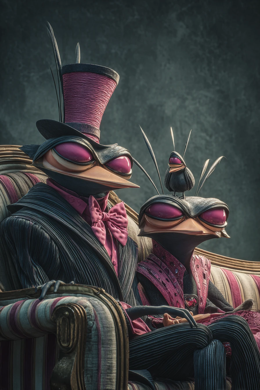 Surreal birdlike figures in striped suits on ornate sofa