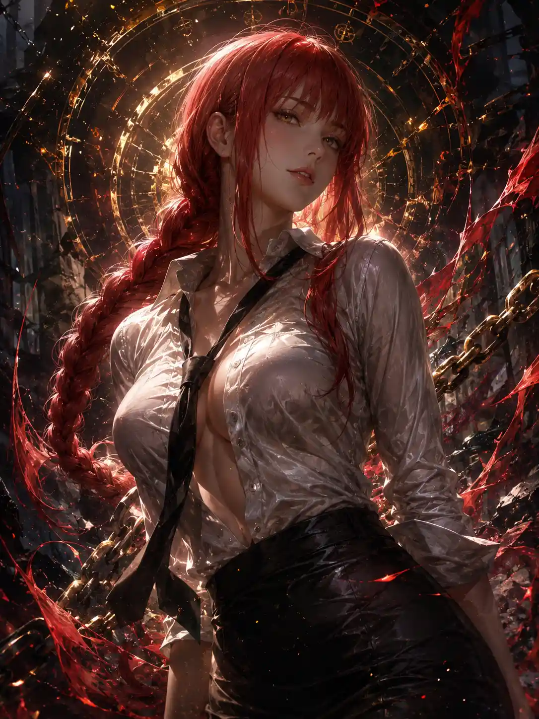 Red haired woman in white shirt and black skirt