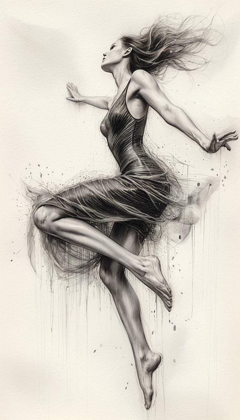 Ethereal ballerina sketch with swirling chaotic graphite motion