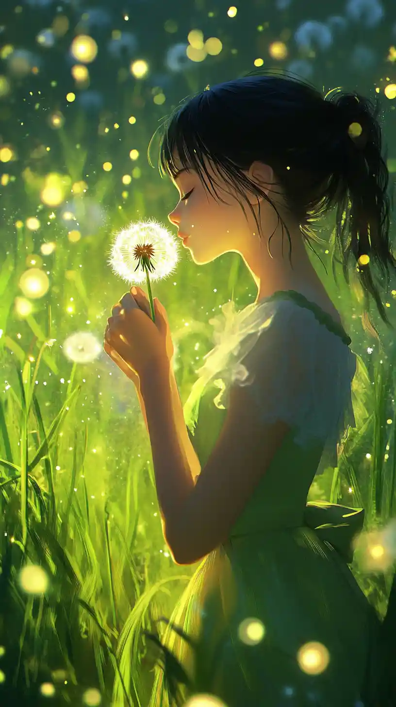 Anime girl blowing on a glowing dandelion in meadow