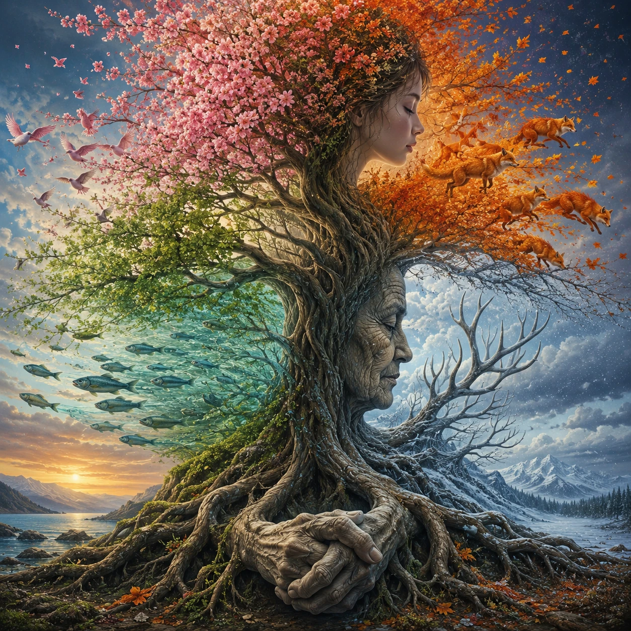 Enormous Ancient Tree Transforming Through The Four Seasons