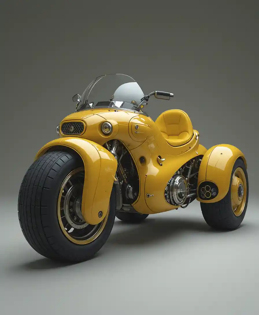 Large yellow futuristic trike with bulbous sculpted body