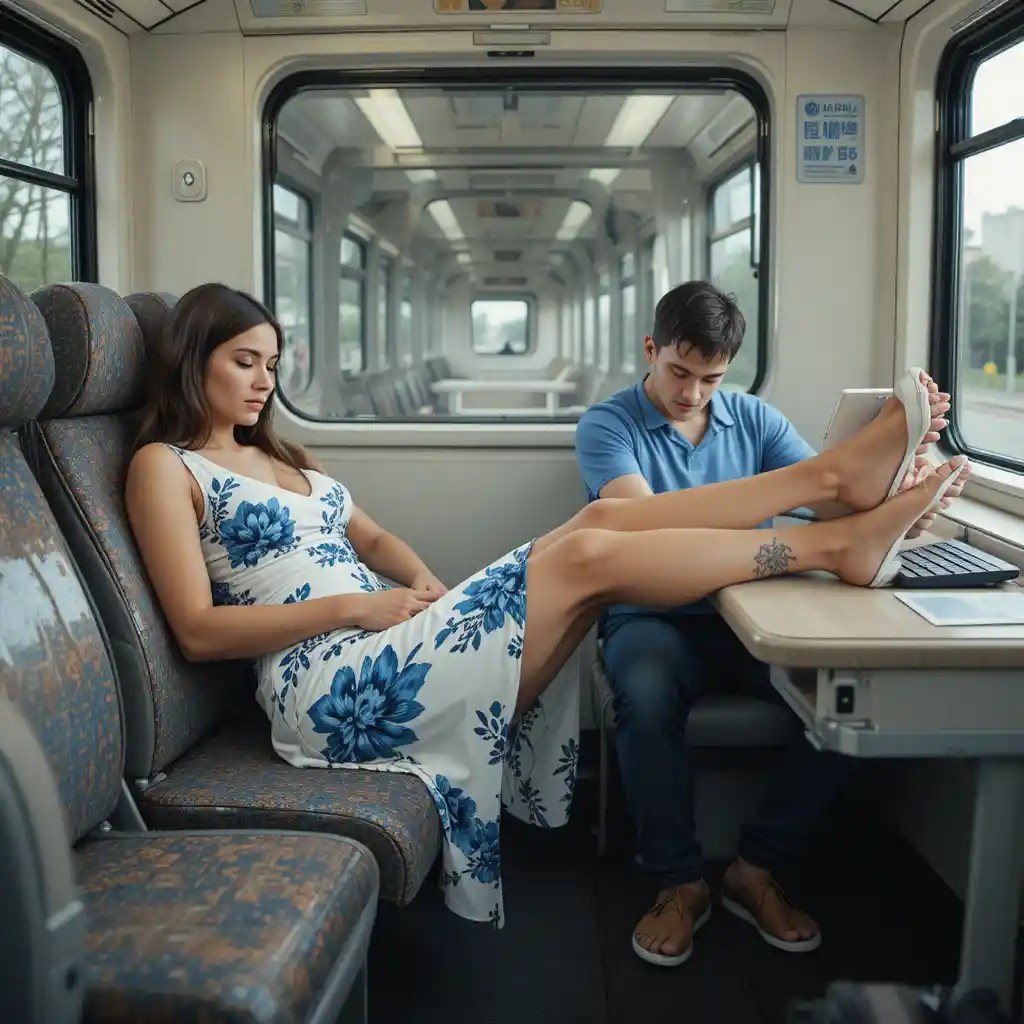 Middle aged woman resting on a train seat with bare legs