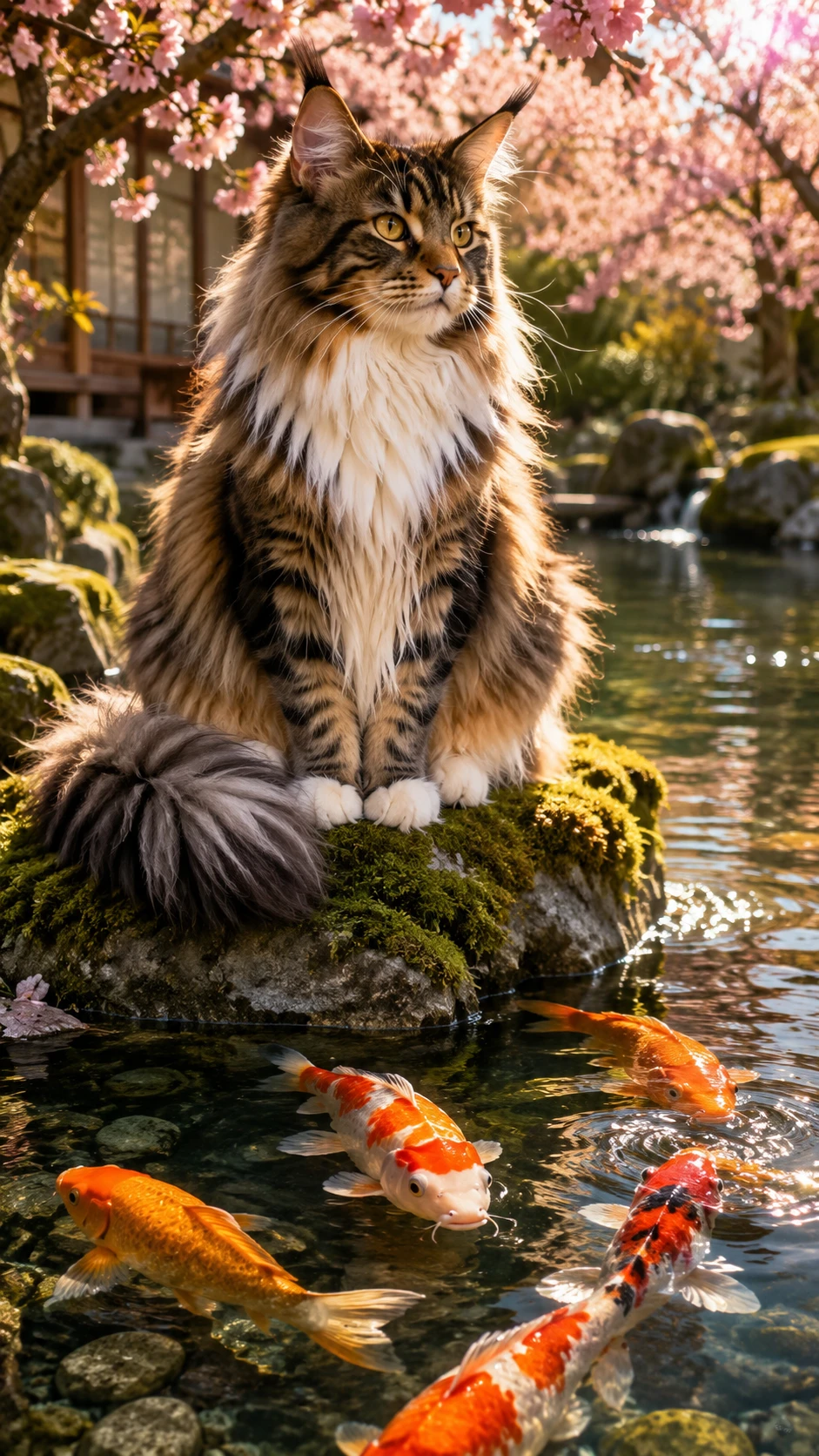 Gato Maine Coon observando peces koi junto a un estanque iluminado por el sol