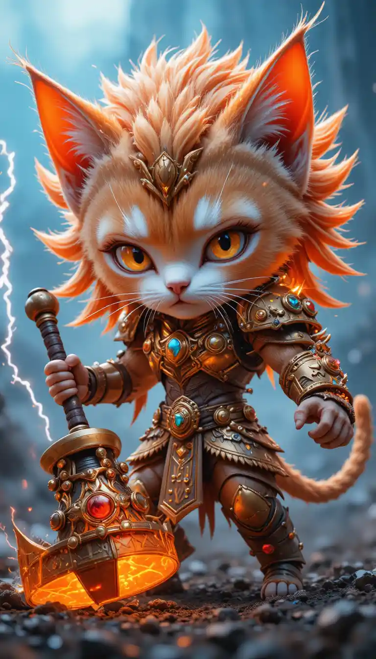 Fierce feline warrior cat with hammer in battle