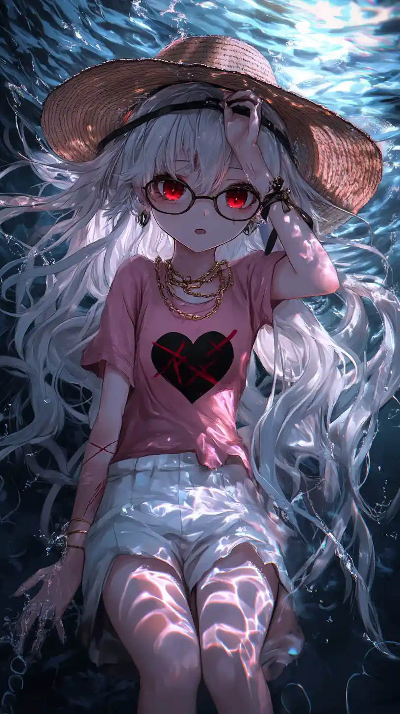 Anime girl falling through darkness with glowing white trail