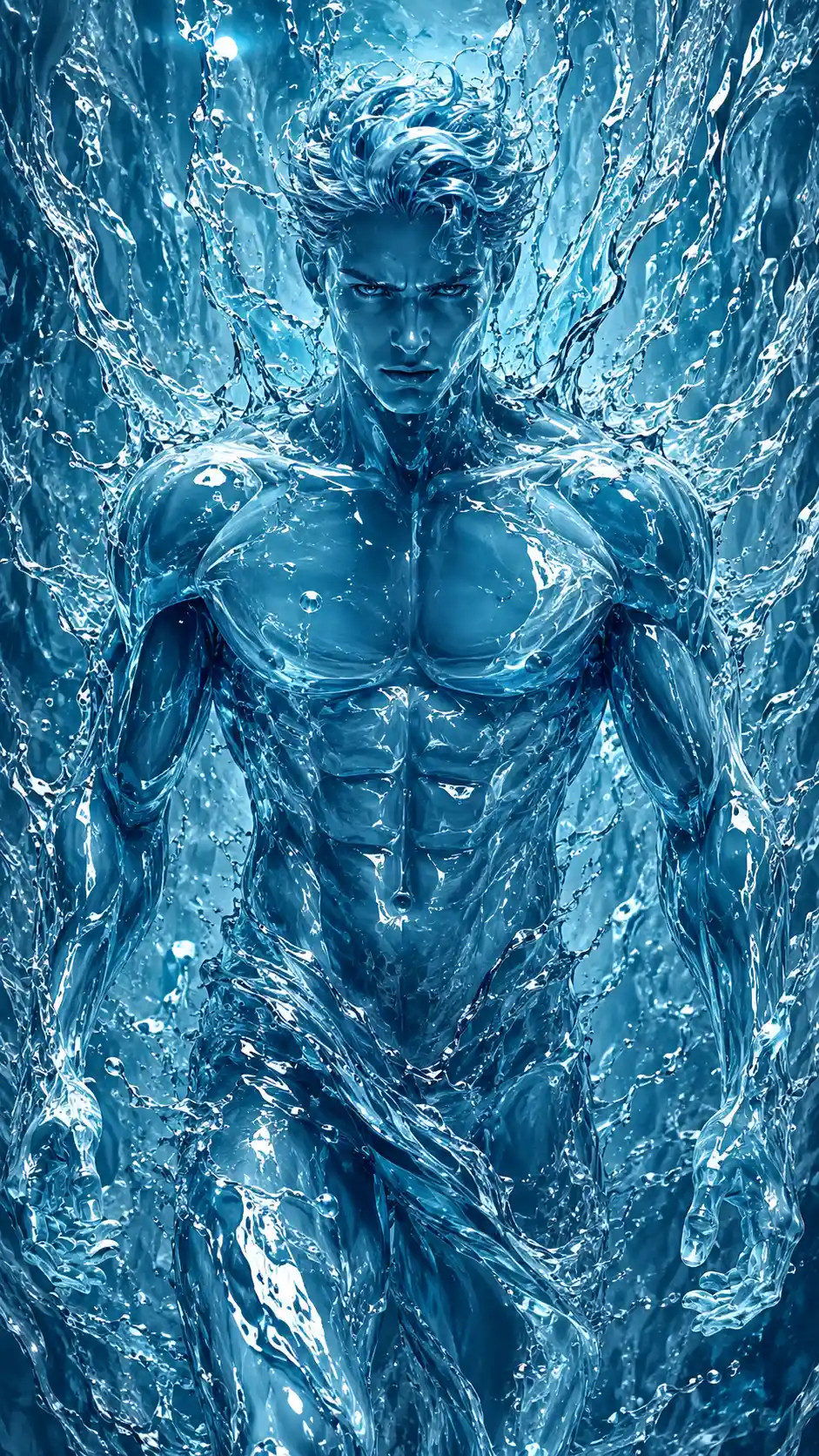 Surreal water warrior emerging from a flowing liquid wall