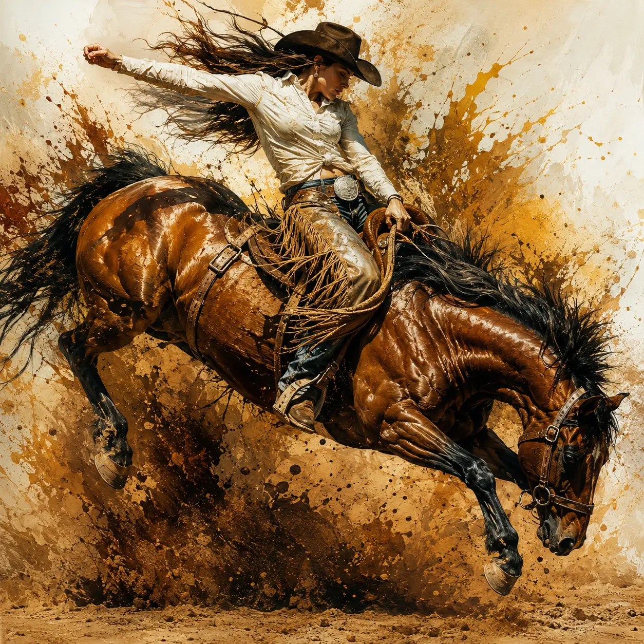 Cowgirl riding a bucking bronco in a dramatic arena scene