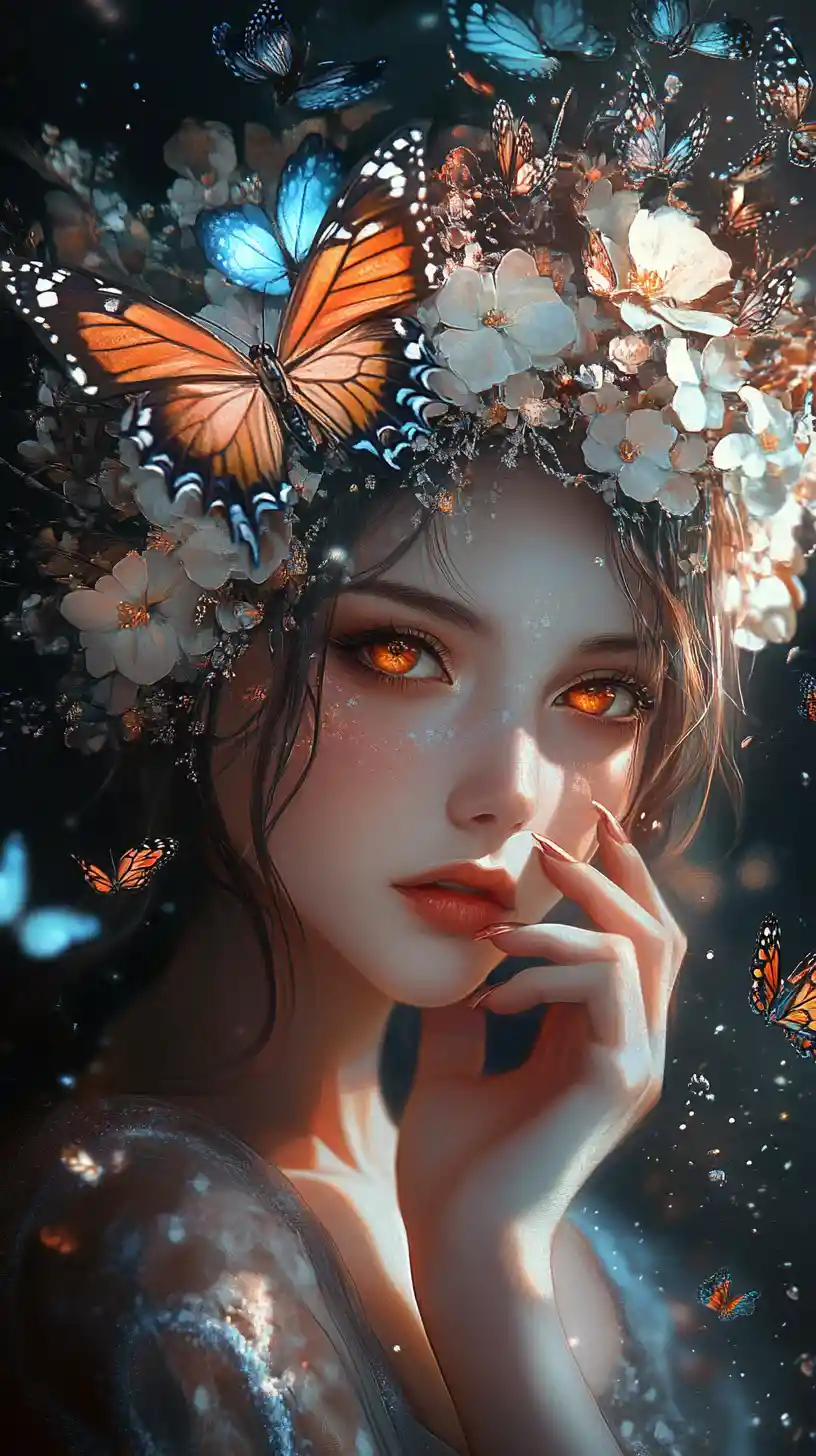 Fantasy anime girl with flower headdress and butterflies