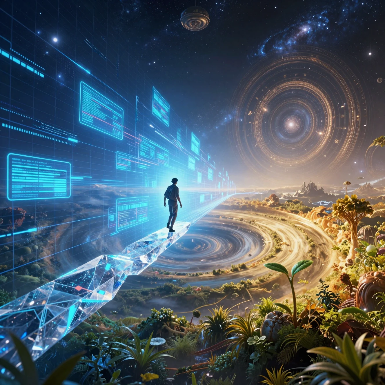 Lone figure on glowing crystal beam above cosmic abyss
