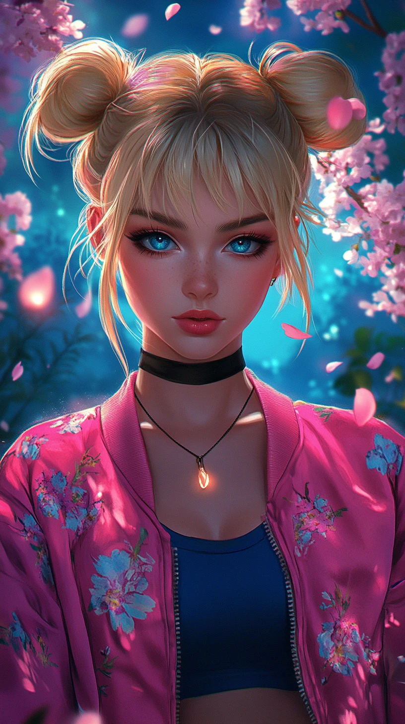 Blonde anime girl in pink jacket in glowing night forest