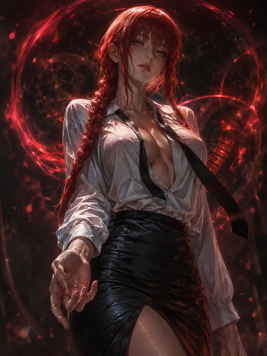 Red haired woman in black skirt with cinematic magic aura