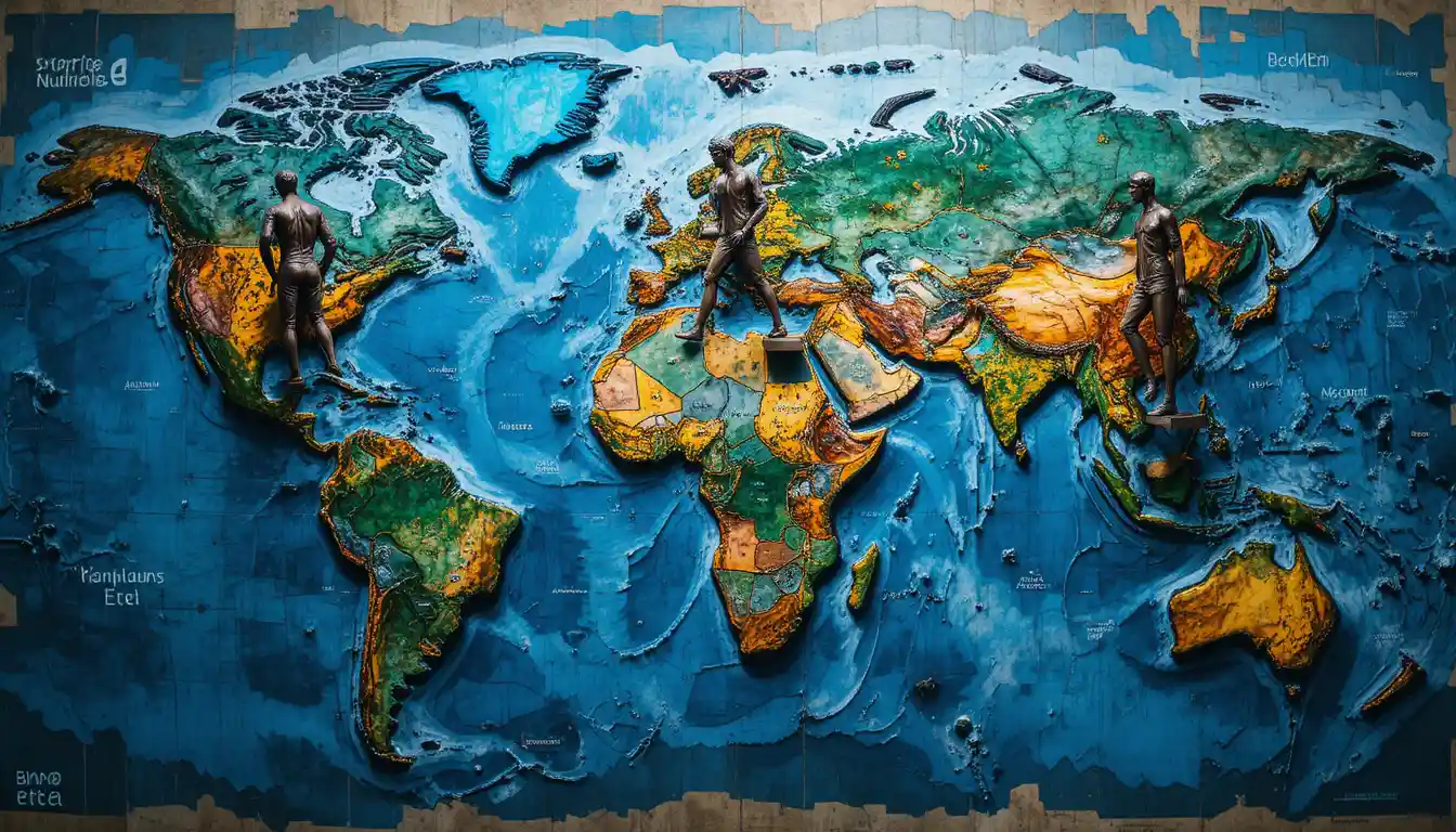 Bronze statues on a detailed physical world map