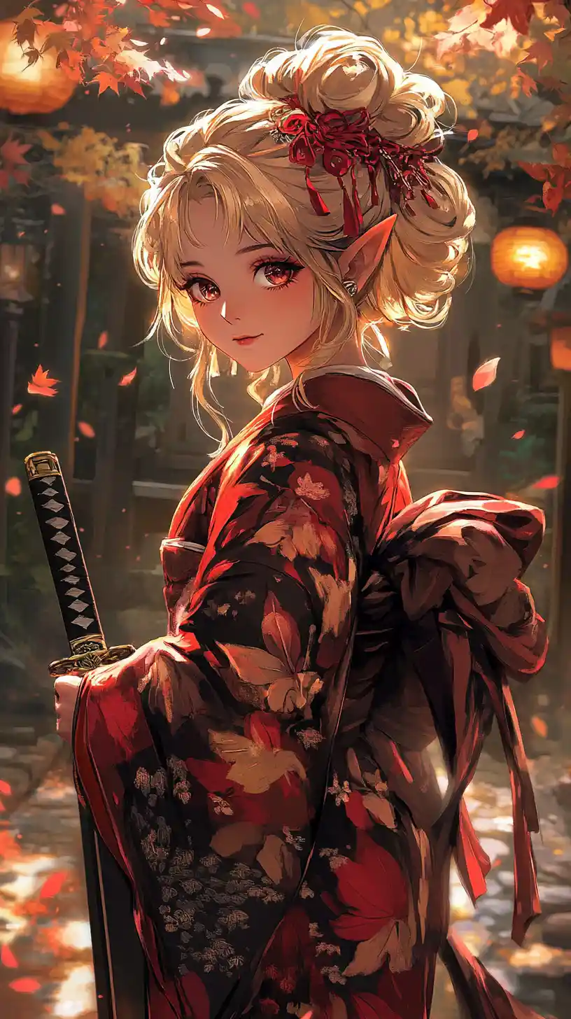 Elf girl in red kimono with katana in lantern lit garden