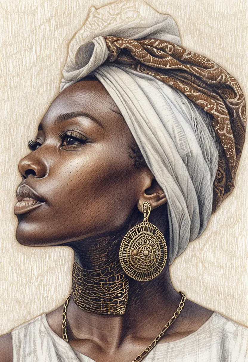Serene profile drawing of an African woman with headwrap