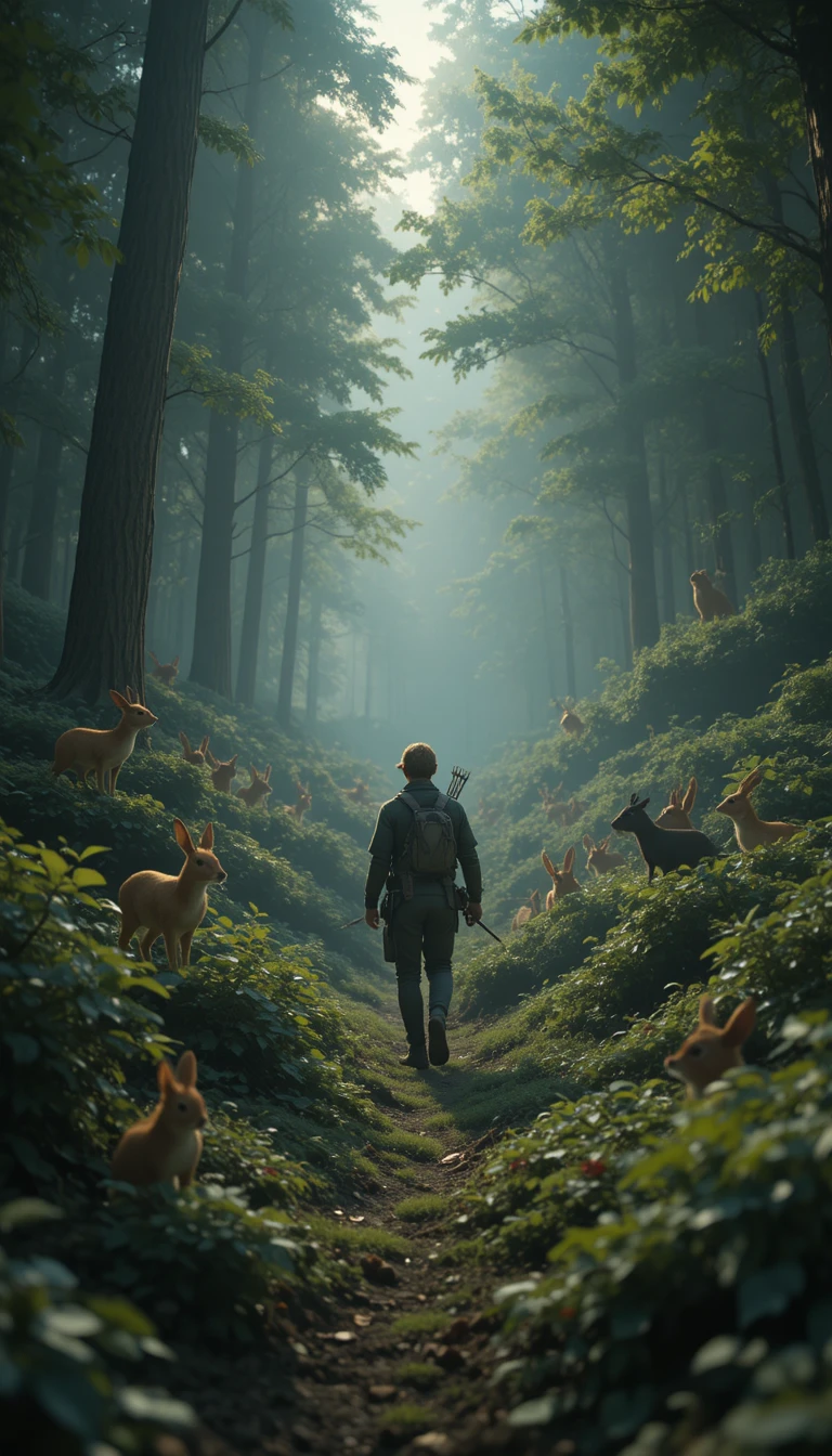 Frightened Forest Animals Hiding From A Hunter At Dawn