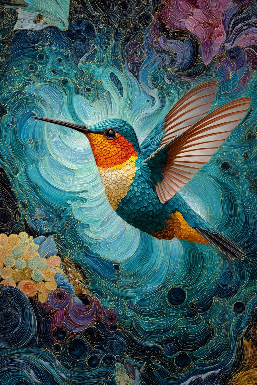 Pintura vibrante de un colibrí en un remolino de colores