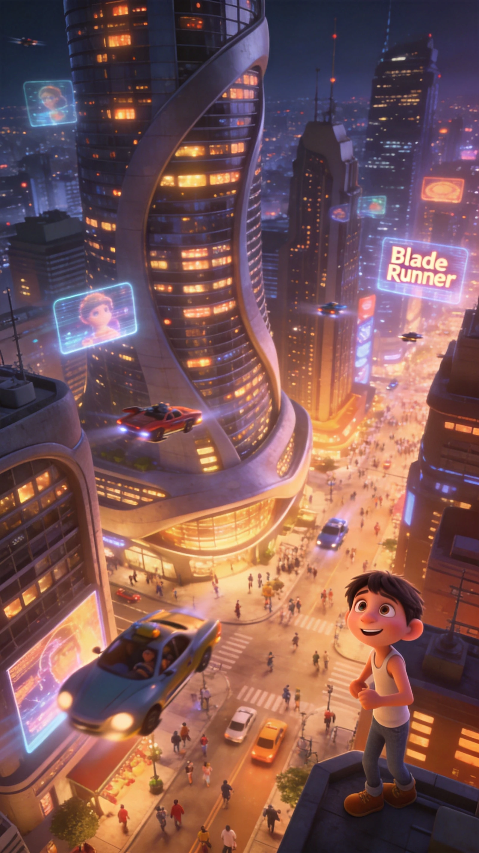 Aerial view of a futuristic city with glowing towers