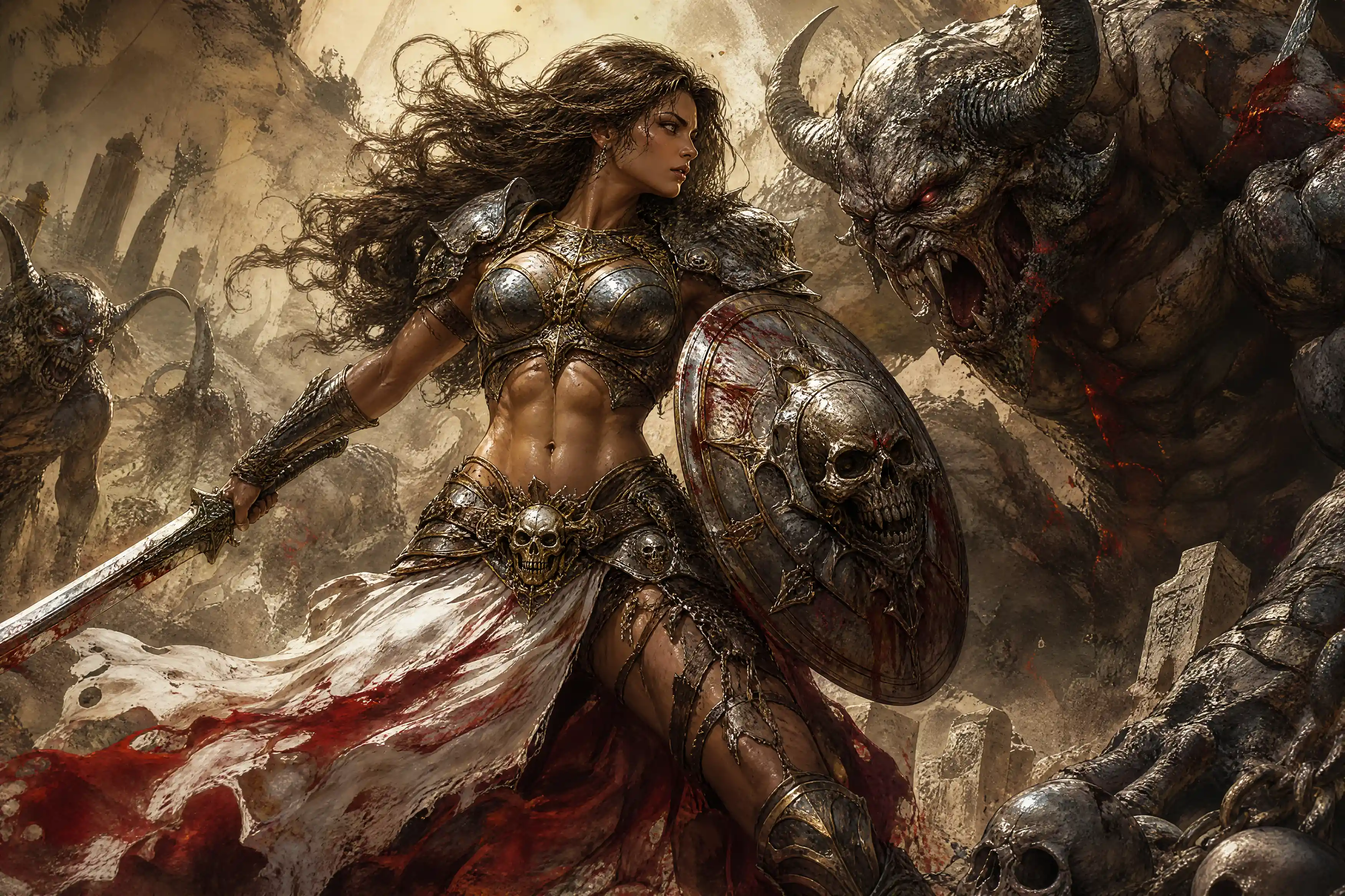 Armored warrior woman facing a horned demon in graveyard