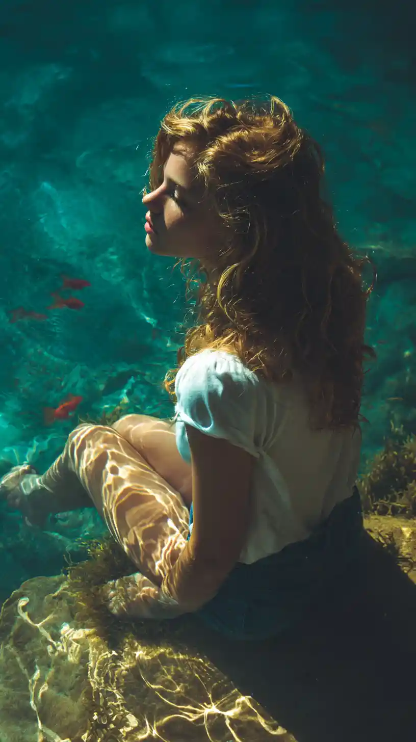 Red haired girl dreaming in turquoise underwater scene