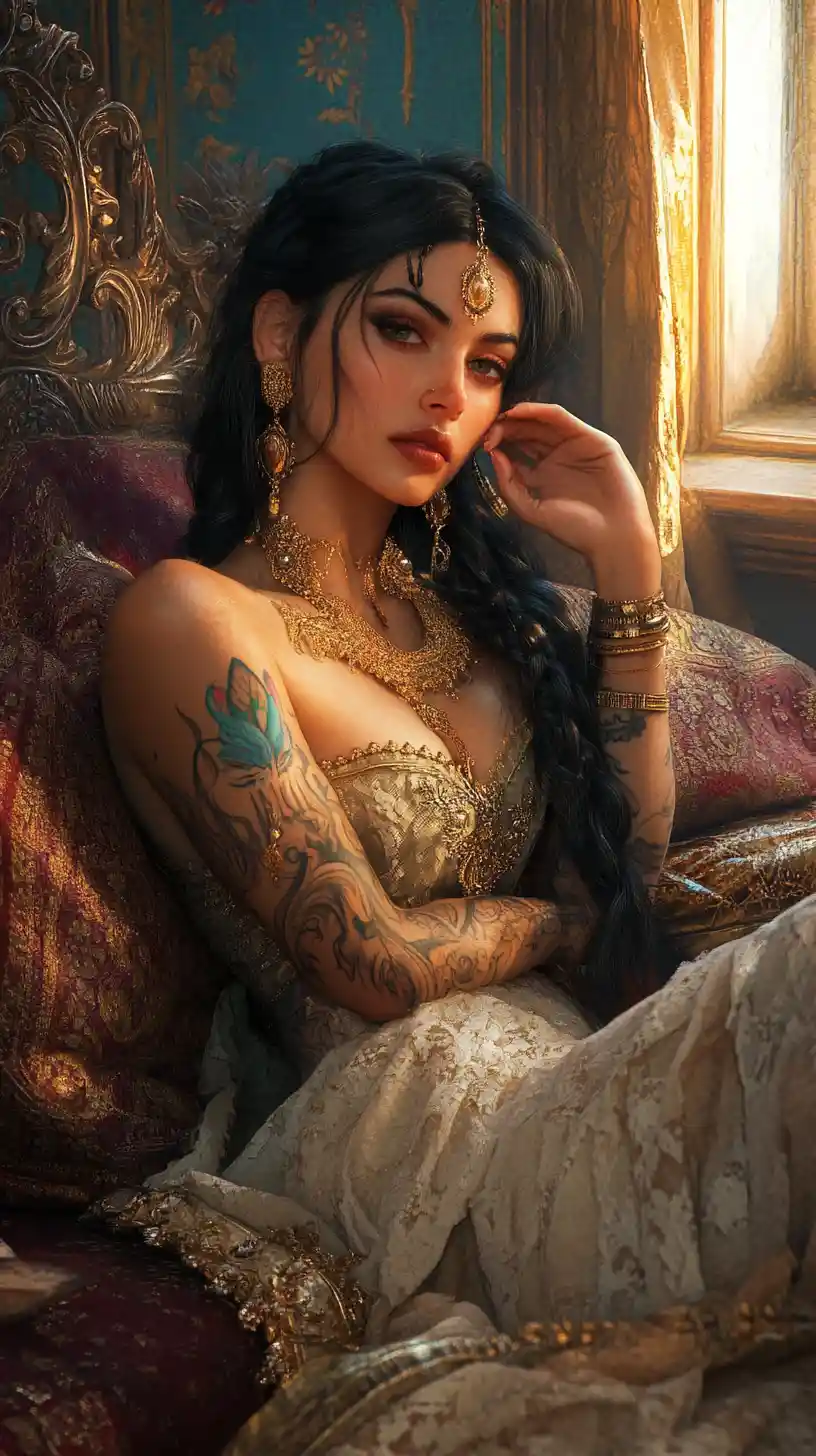 Elegant tattooed woman in a luxurious fantasy bedroom