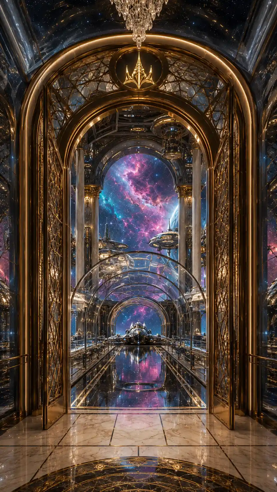 Opulent lobby pov toward futuristic glass spaceport walkway