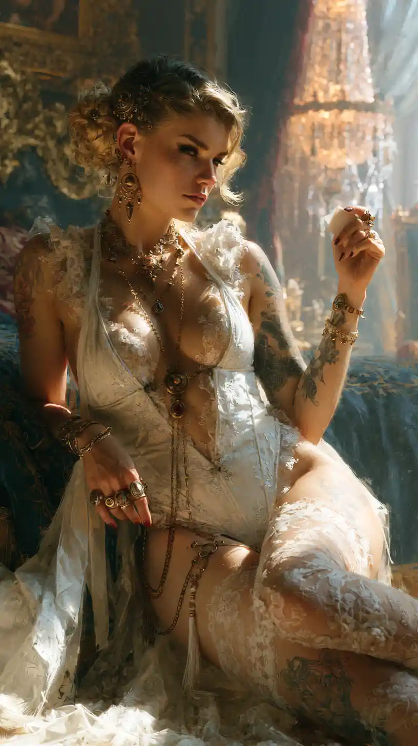 Elegant tattooed woman in a luxurious fantasy bedroom