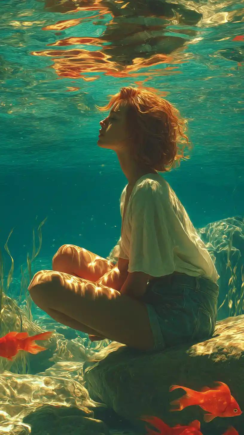 Red haired girl dreaming in turquoise split view water scene