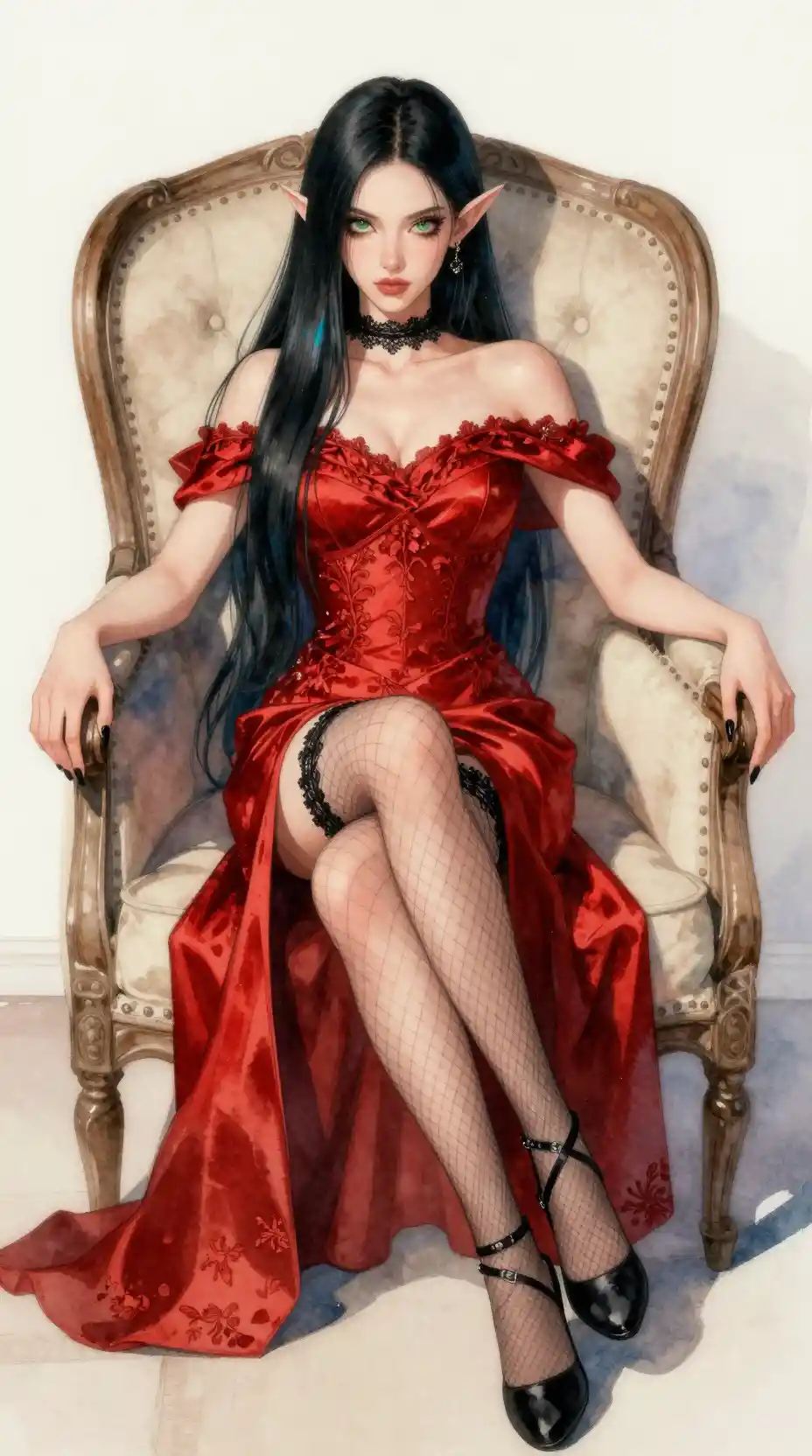 Elegant elf woman reclining in a regal upholstered chair