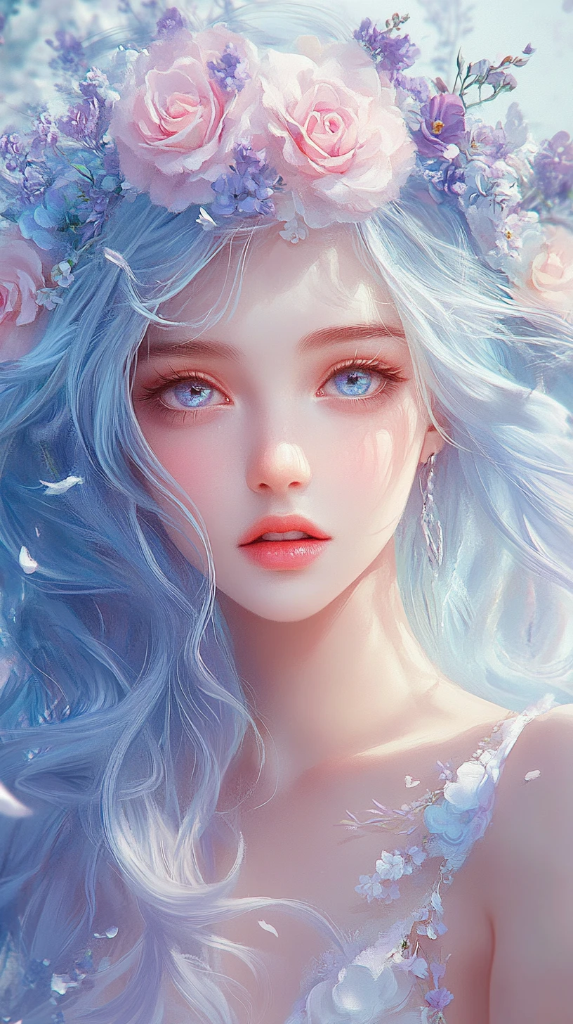 Ethereal anime girl with pastel floral crown portrait