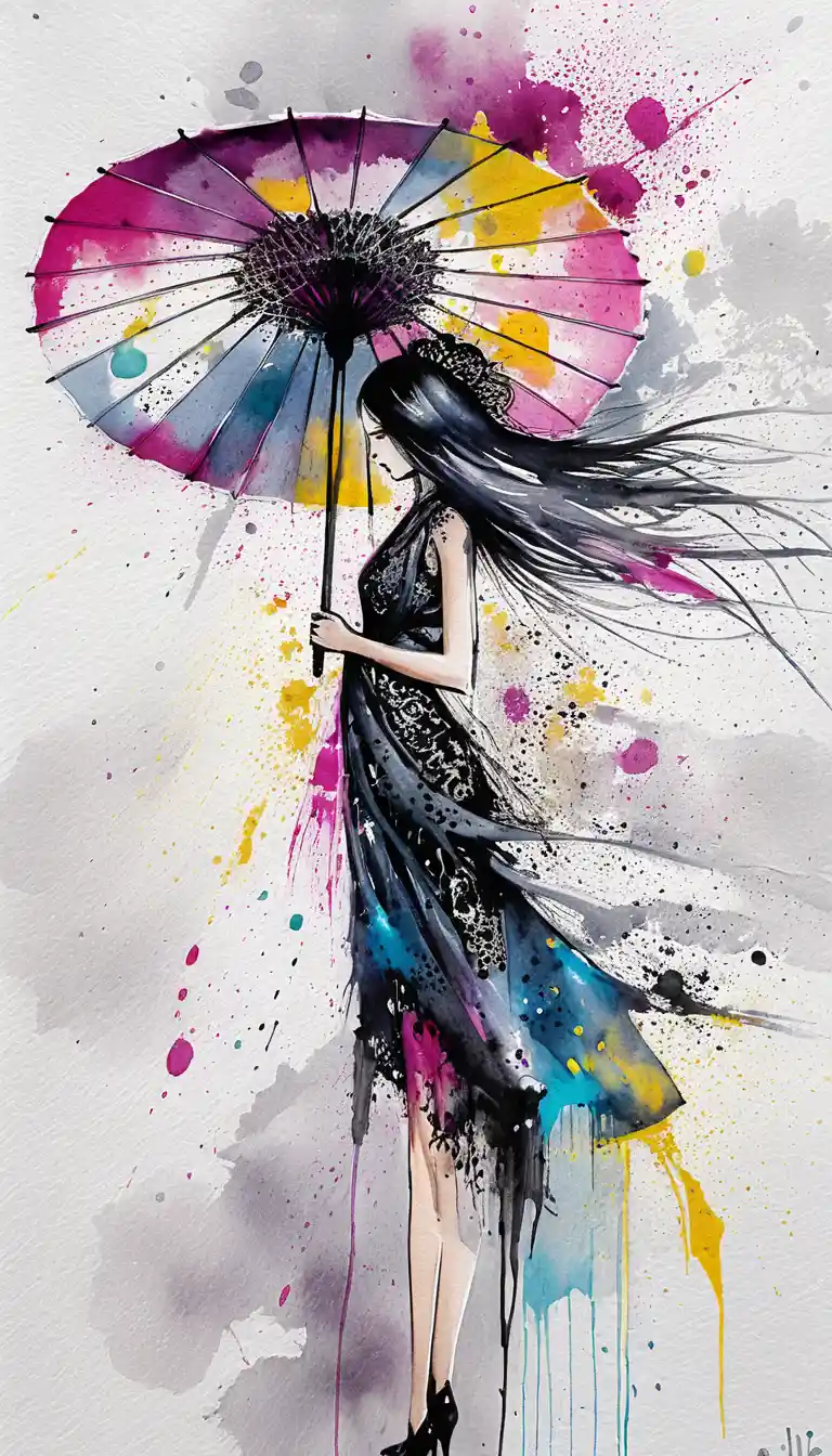 Elegant woman walking with colorful ink umbrella