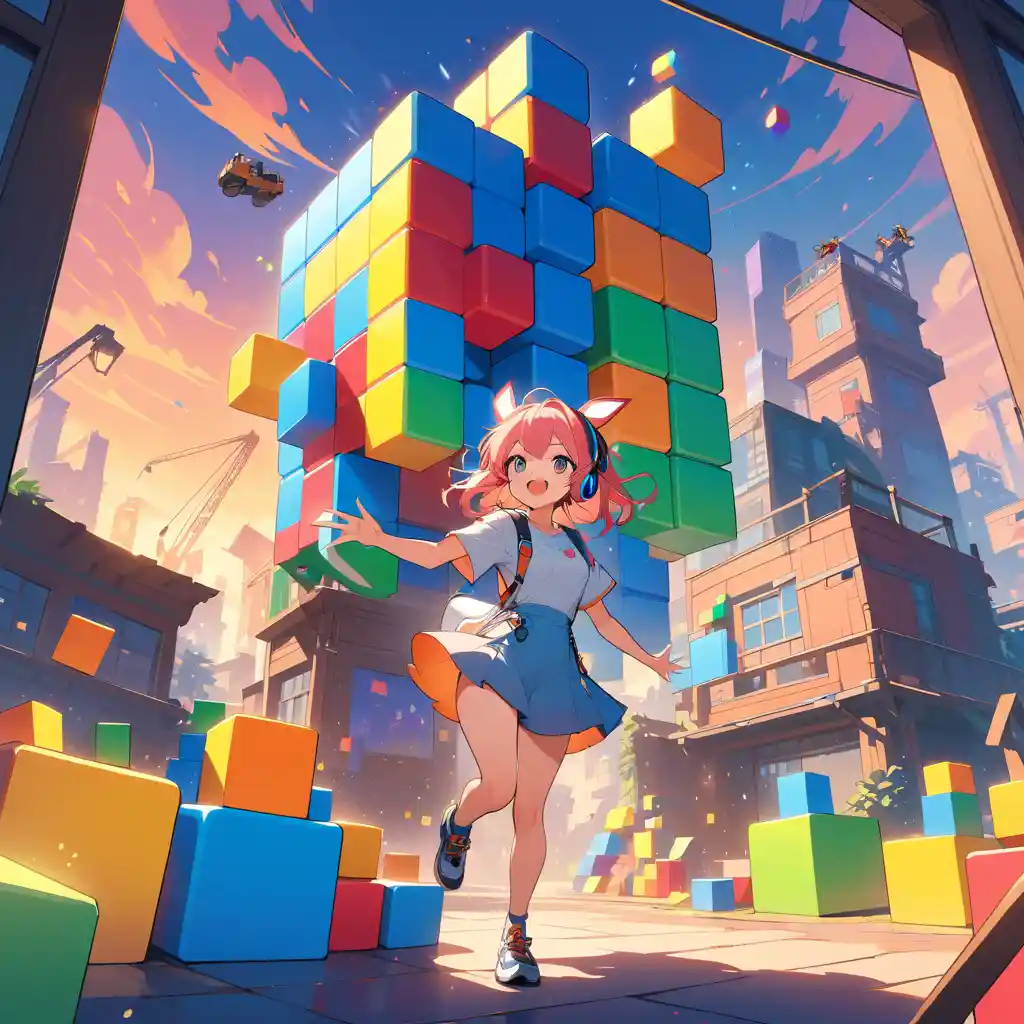 Anime gamer girl building a glowing Tetris block house