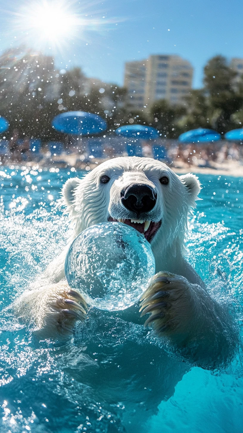 Oso polar alegre nadando con una pelota de playa en vacaciones