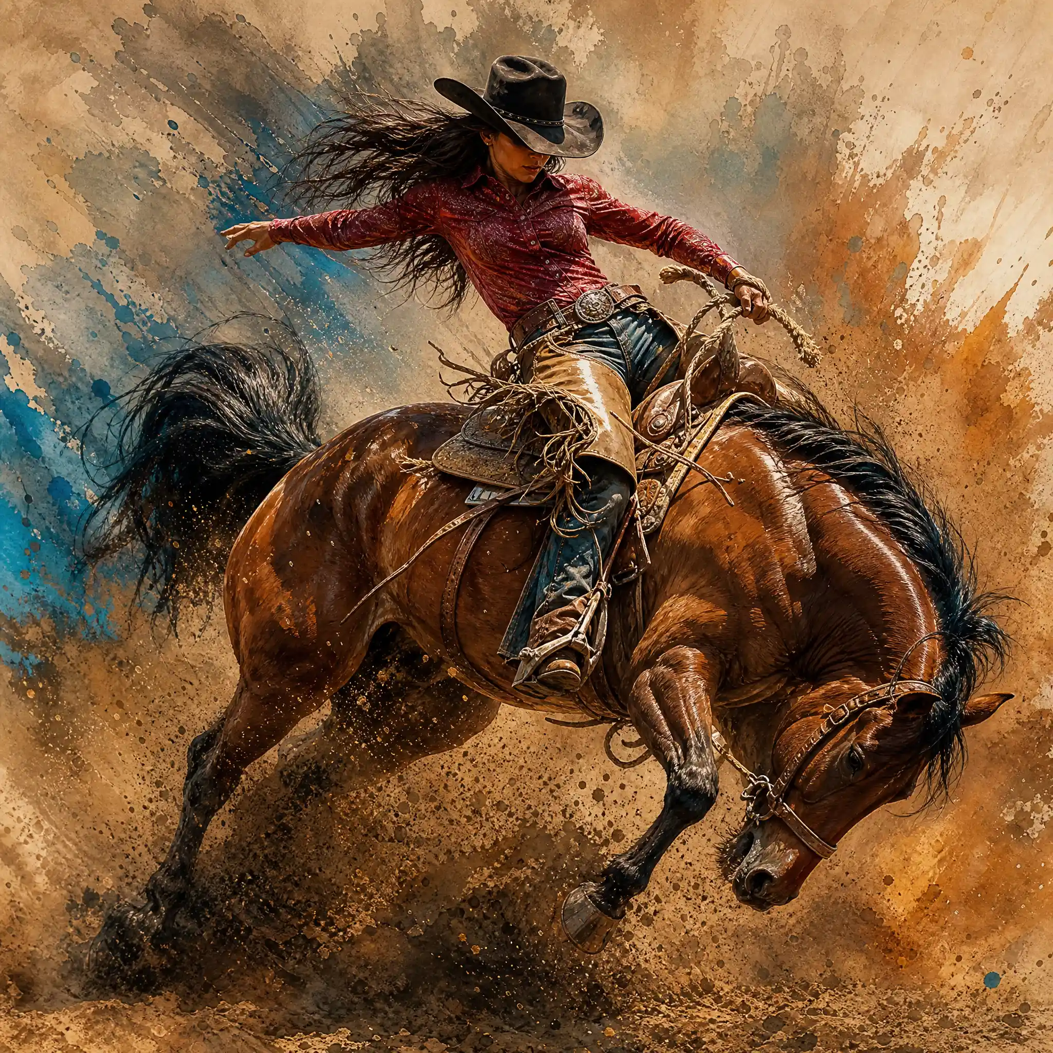 Cowgirl Riding A Bucking Bronco In Explosive Dust