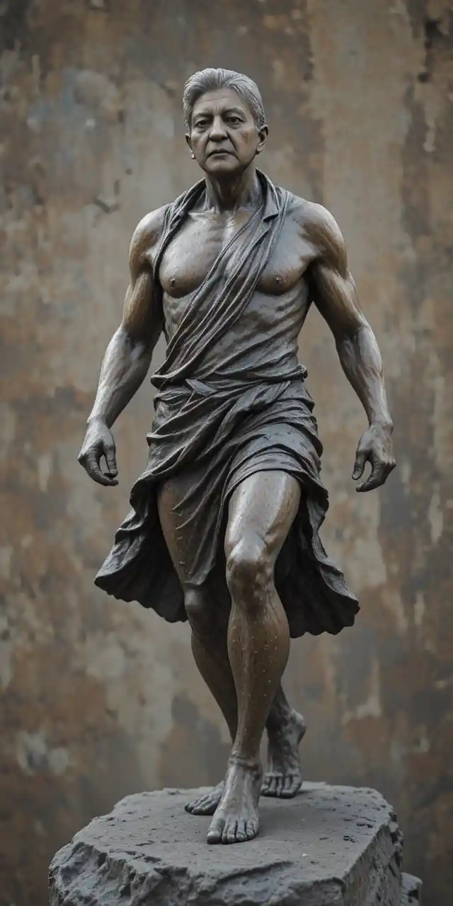 Bronze runner sculpture of a focused man in flowing tunic