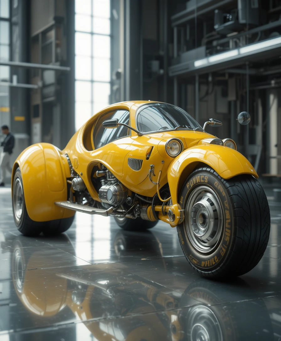 Huge yellow futuristic trike with imaginative bulbous design