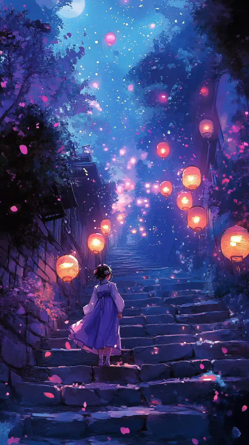 Young girl in hanbok climbing lantern lit stone stairs