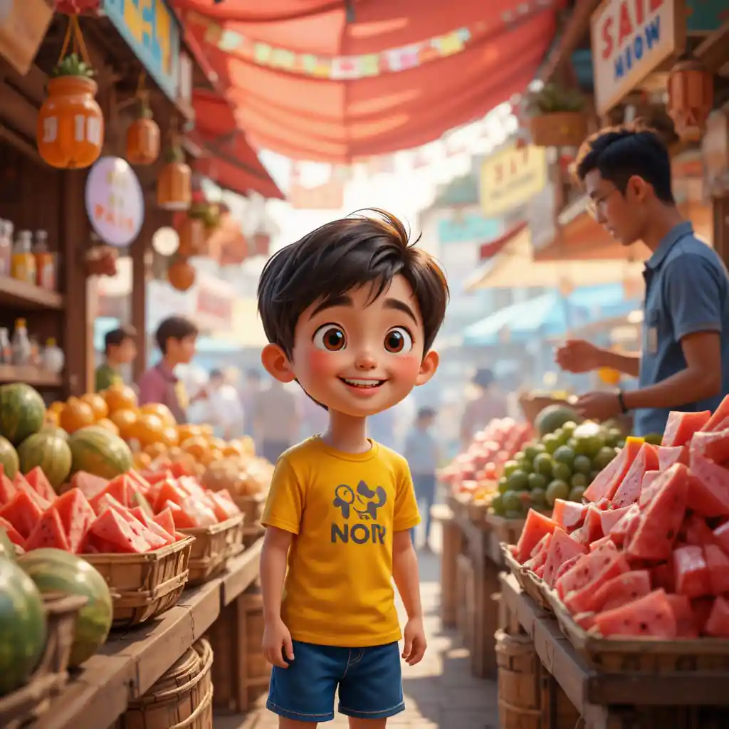 Smiling young boy at colorful watermelon market stall