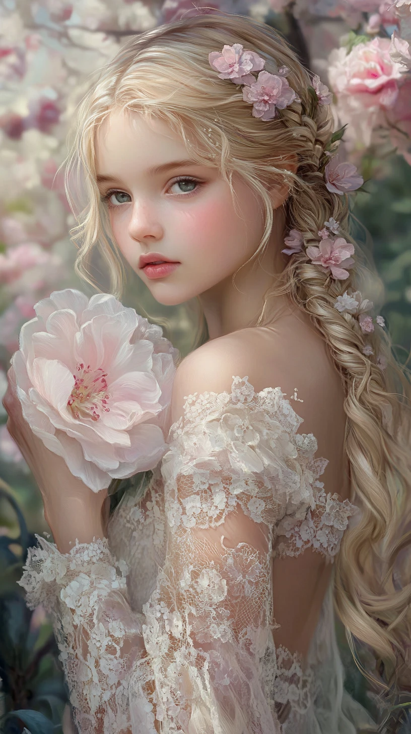 Young girl with flowers in dreamy fantasy garden portrait