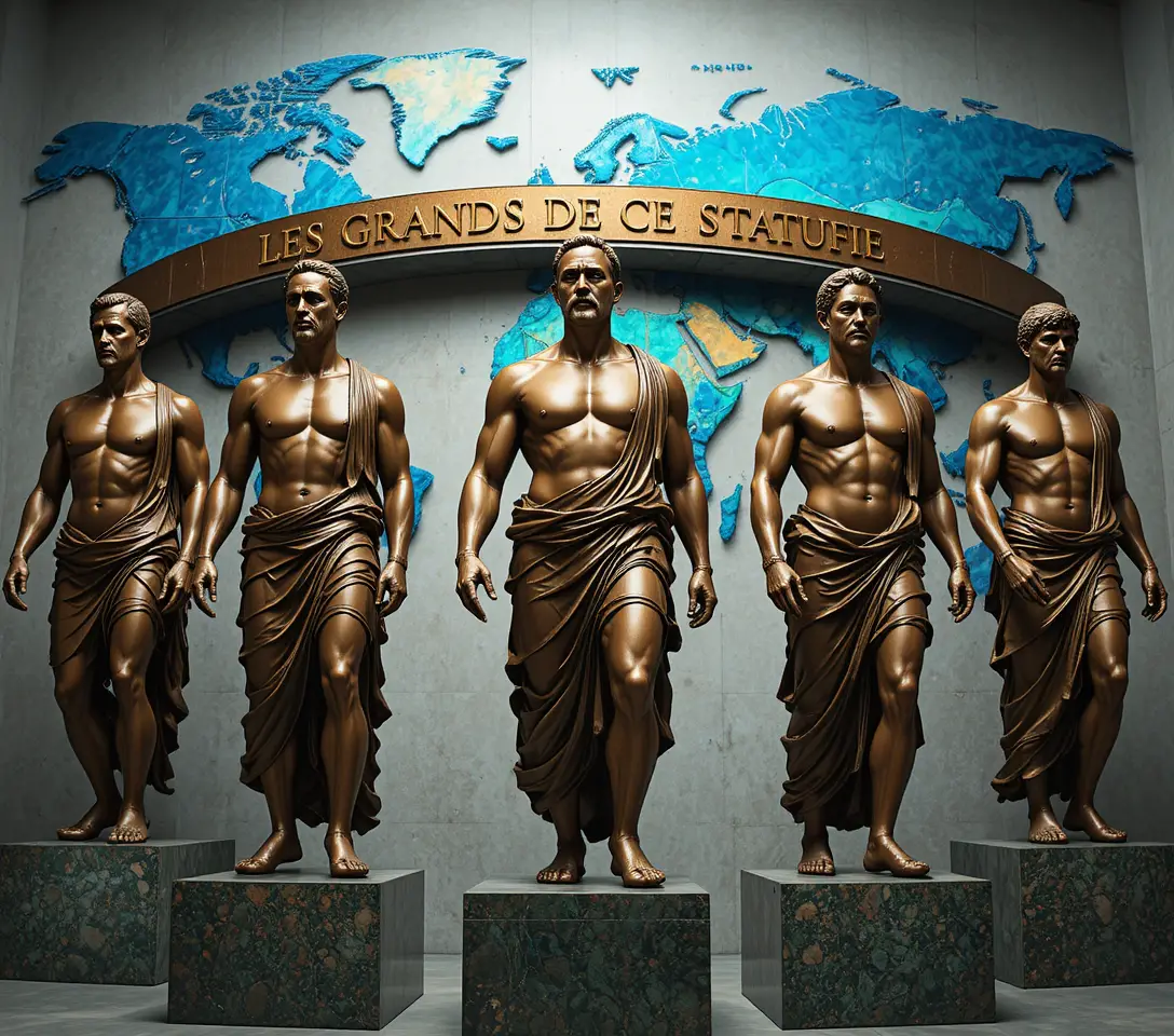 Bronzestatuen von Weltführern vor einer Weltkarte
