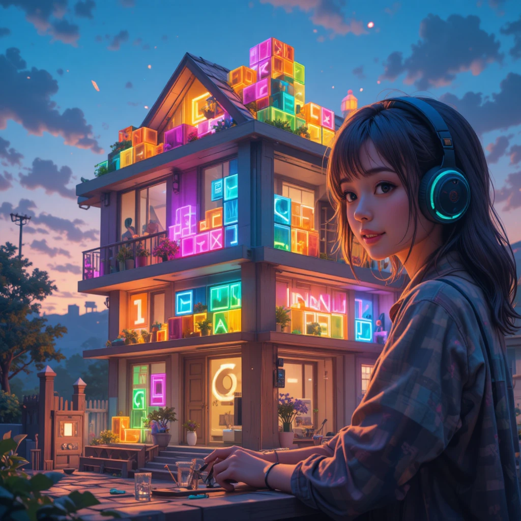 Anime gamer girl building a glowing tetris block house