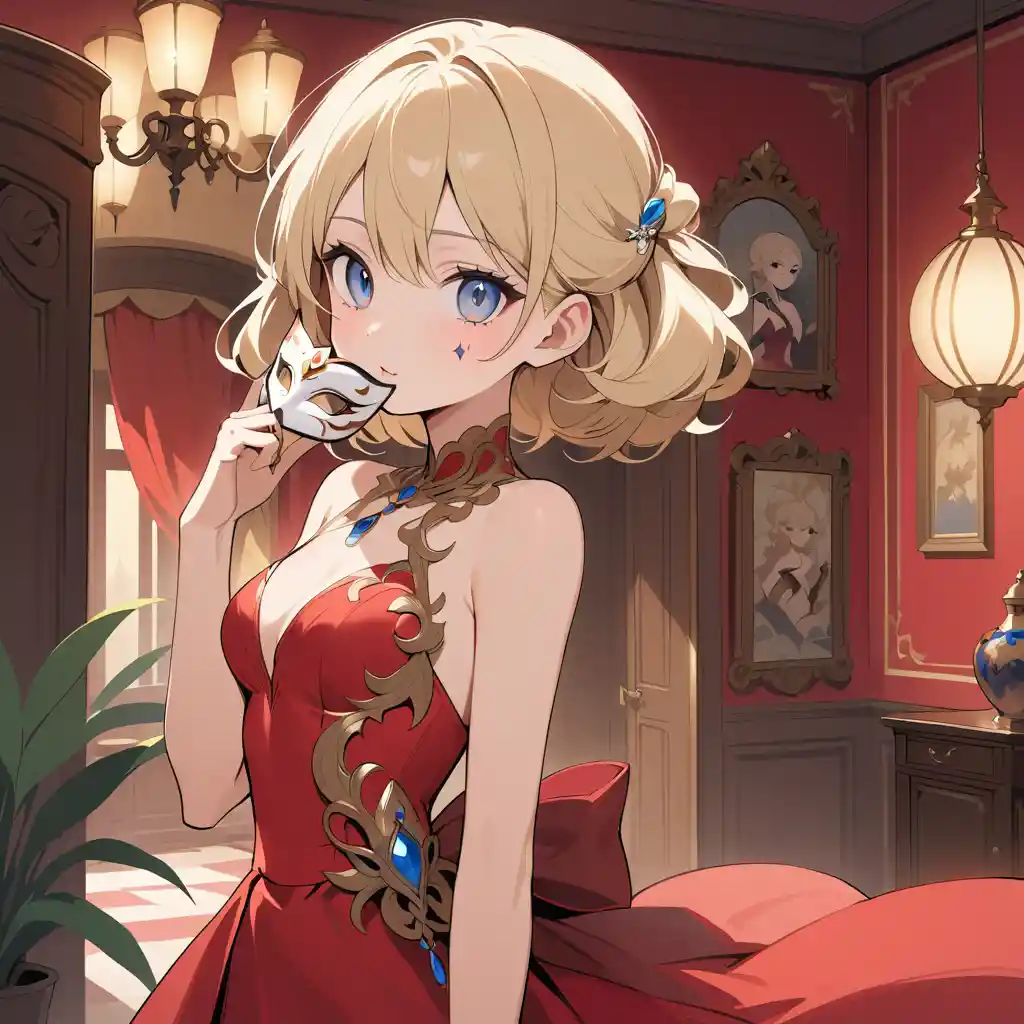 Elegant woman in red evening gown holding a mask