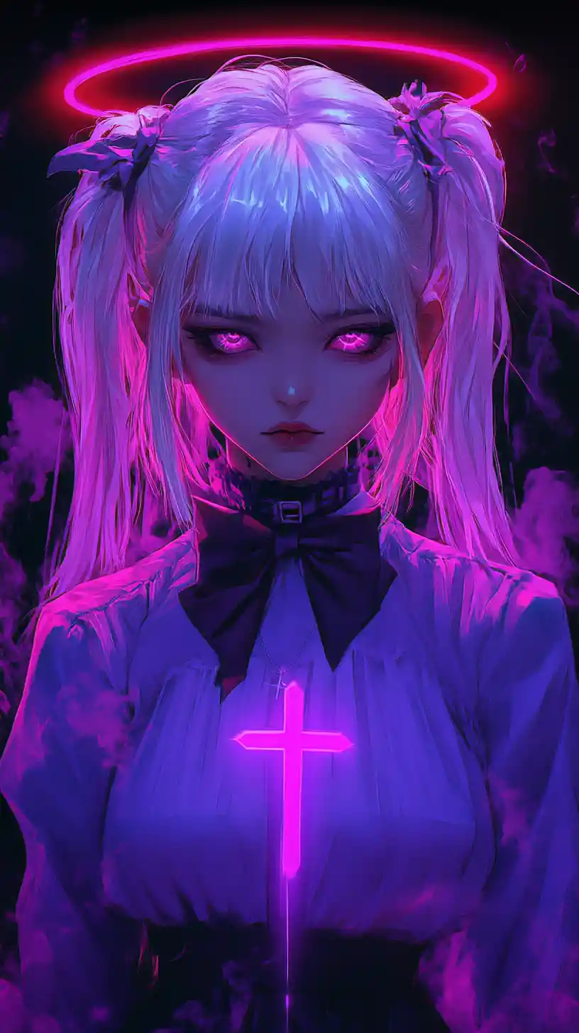 Anime girl with double halo and glowing geometric wings