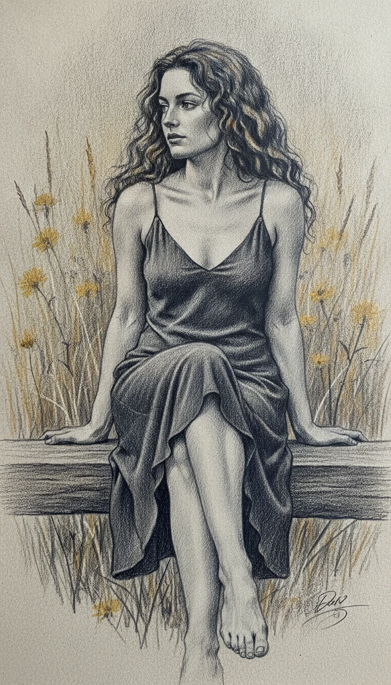 Woman sitting on a wooden beam in a wild meadow