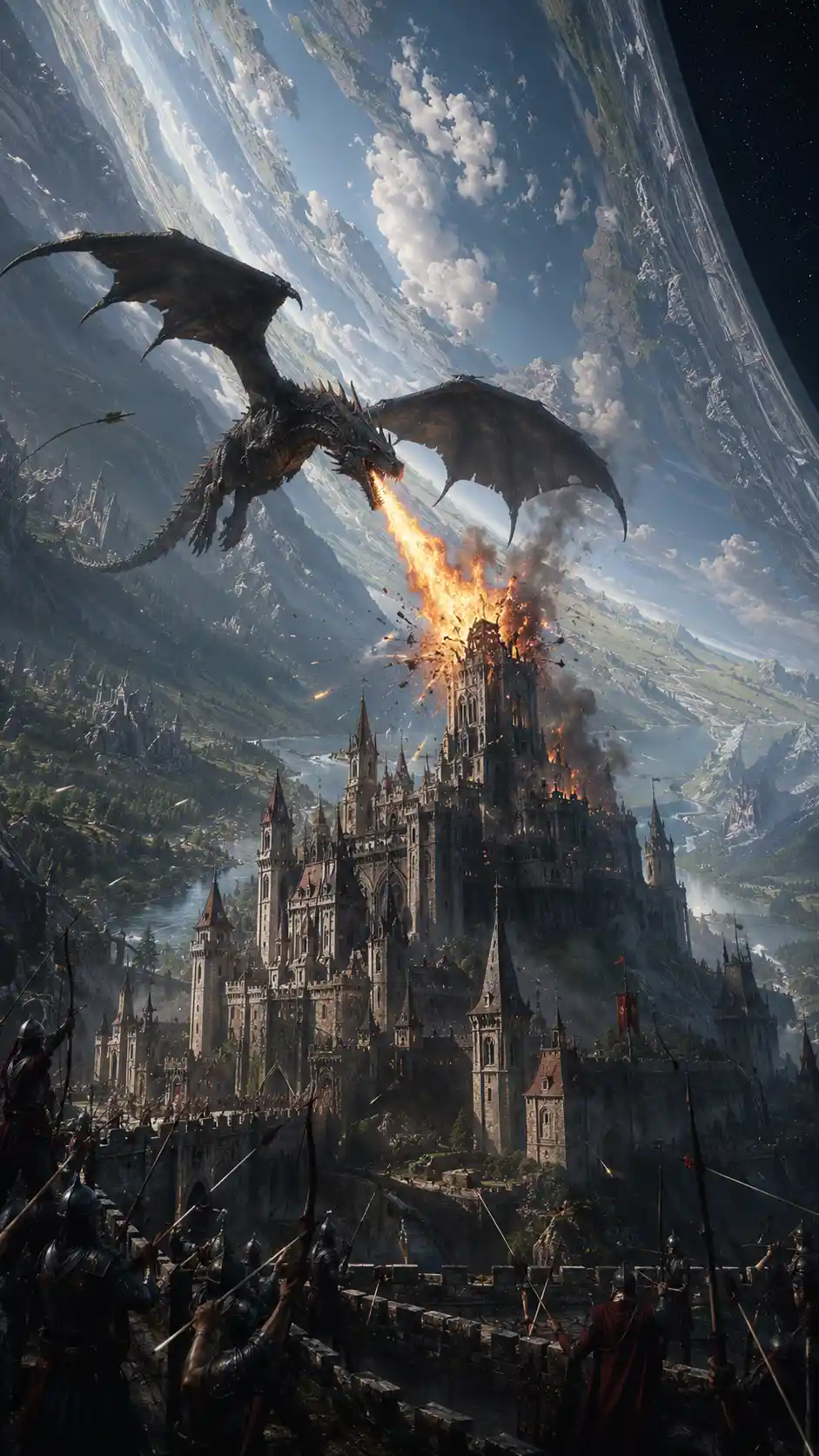 Dragon assault on towering gothic castle at night