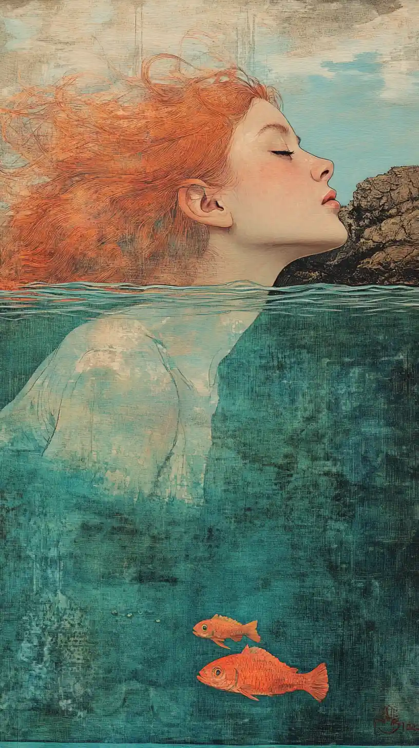 Red haired girl dreaming in turquoise split water scene