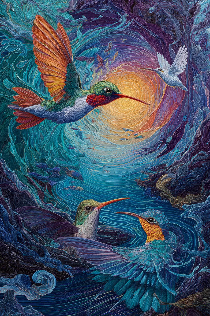 Vivid hummingbird painting in swirling radiant abstract colors