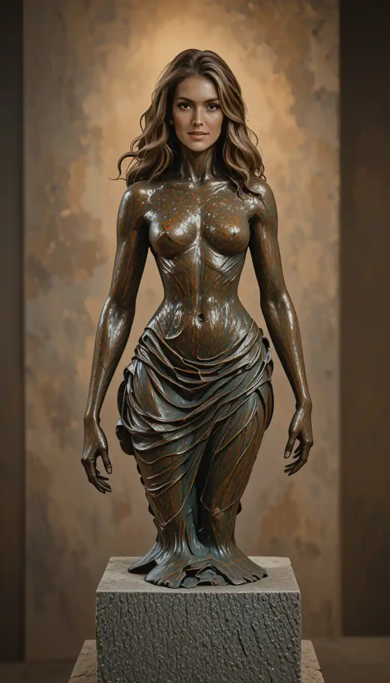 Scultura in bronzo di una donna che corre con falcata potente