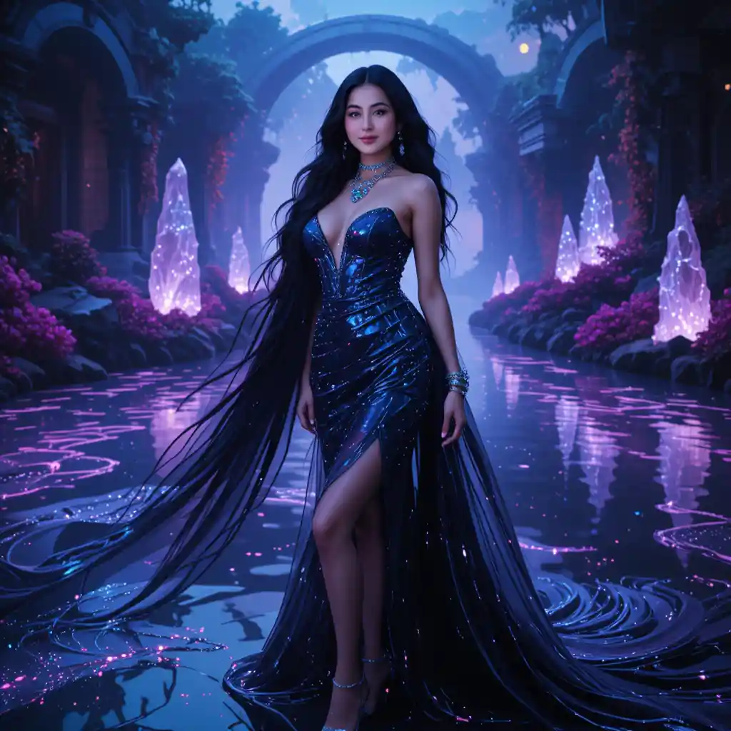 Mystical woman in liquid metal gown by glowing lake