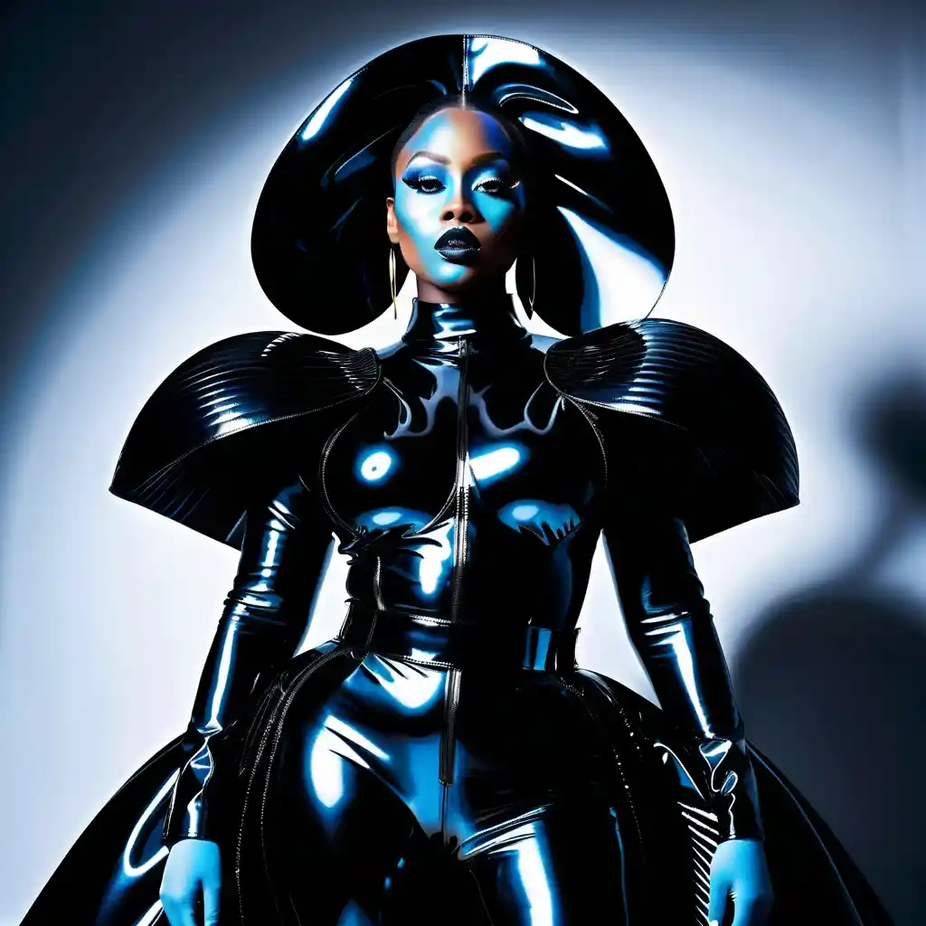 Curvy black woman in glossy sculptural couture fashion
